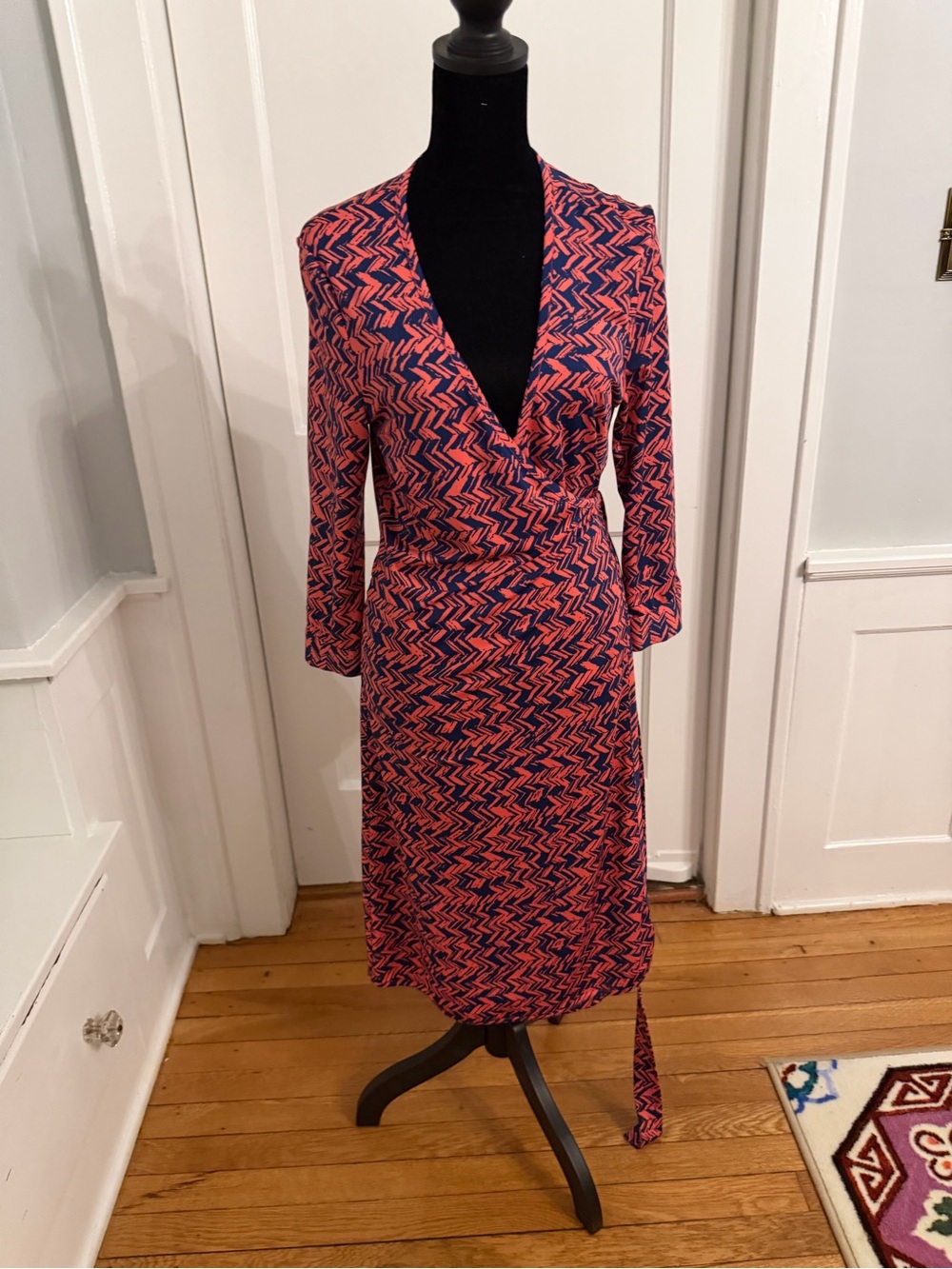 JB by Julie Brown Coral and Navy Zigzag Wrap Midi Dress